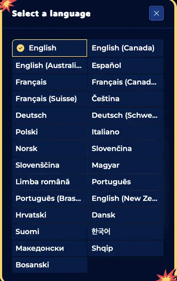 Selettore della lingua di Gangstasino con Italiano tra le 31 lingue disponibili