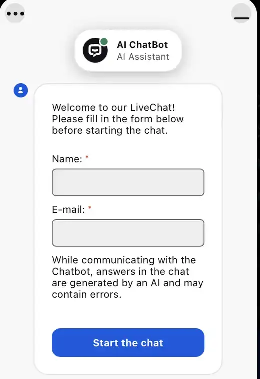 Finestra della chat live Gangstasino con assistente automatico e modulo nome ed e-mail